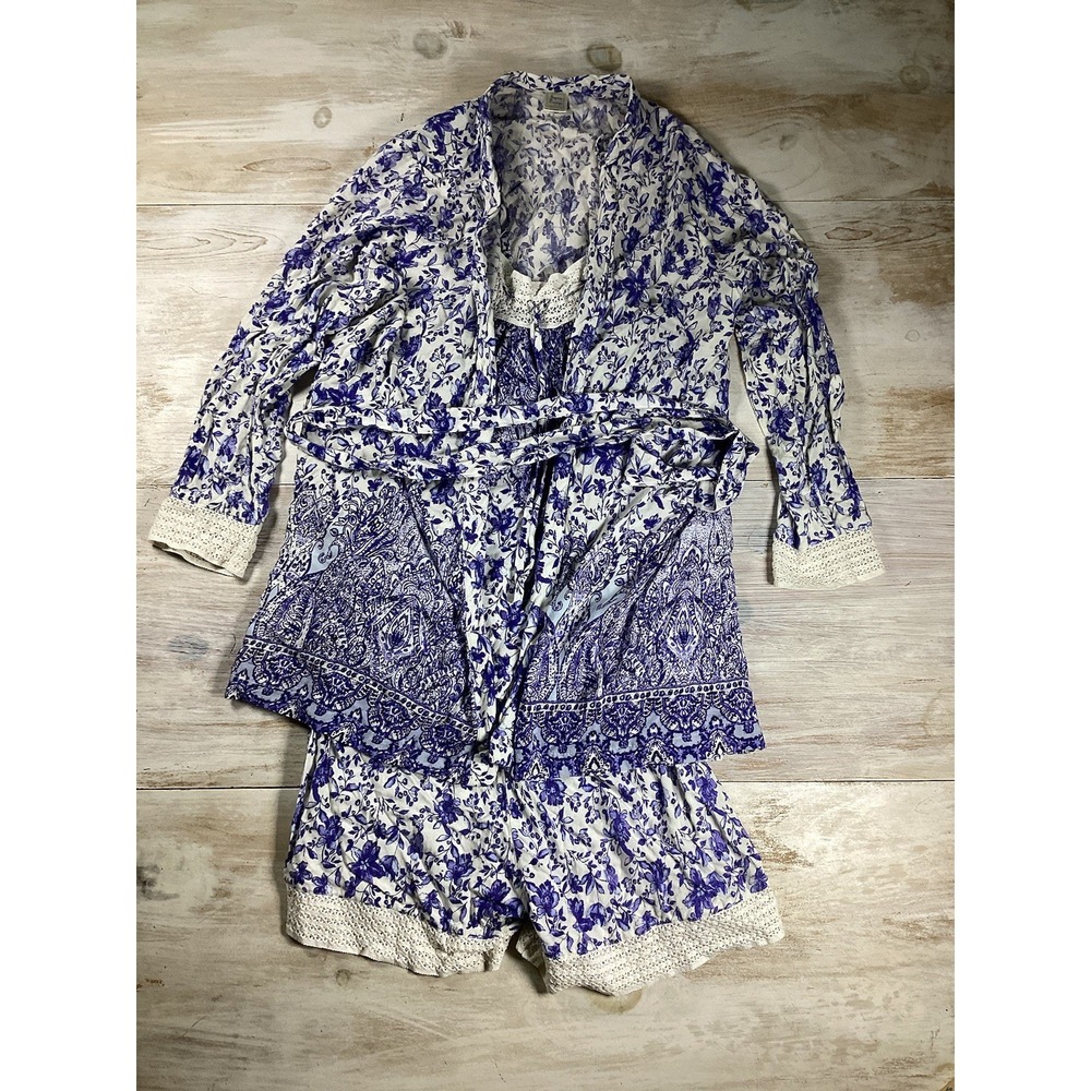 3-Piece Pajama Set Blue And White Floral Women's‎ Medium Blue Willow - Picture 2 of 16